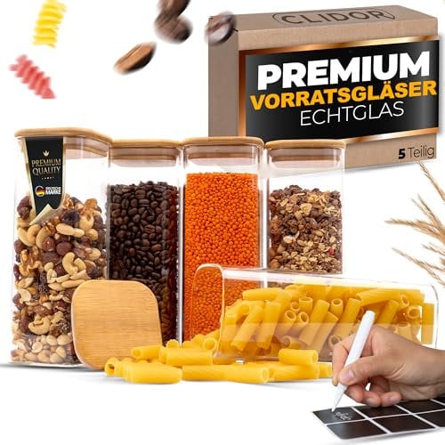 CLIDOR ® Vorratsgläser mit Deckel, Eckig I 5er Set I Erhöhte Glasstärke I Vorratsdosen mit Deckel luftdicht I Aufbewahrungsbox Küche für alle Lebensmittel I Glasbehälter I Küchen Organizer
