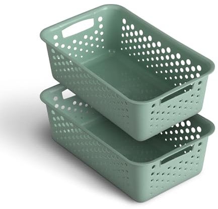 Lot de 2 paniers de rangement de 2 l, avec poignées, sans BPA, organiseur, 25 x 16 x 8 cm, verts, pour salle de bain, cuisine, chambre à coucher, panier ménager
