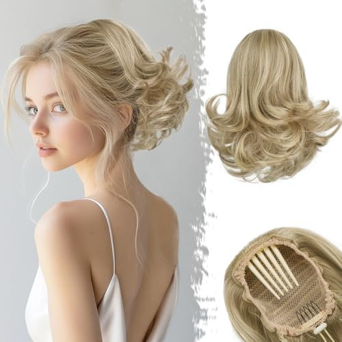 BARSDAR Kurzes Ponytail Extension Blond, 25cm Wellige Pferdeschwanz Haarteil mit Kordelzug Haarverlängerung für Damen Synthetisch Comb Clip in Haarteile Pferdeschwanz - Helles Aschblond mit Highlights