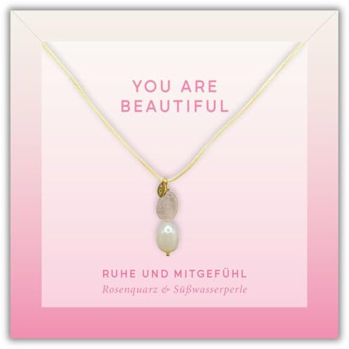 happymaker - Rosenquarz Kette mit Süsswasserperle, Heilstein Kette Damen mit echtem Edelstein , Halskette mit Anhänger, größenverstellbar, handmade in Deutschland