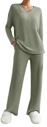 Schlafanzug Damen, 2024 Angebote, Schlafanzug Damen Lang Pyjama Set V-Ausschnitt Langärmlig Gestricktes Yoga-Sets 2 Stück Slim Fit Frauen Gemütliche Nachtwäschee mit Taschen Sportanzug Train