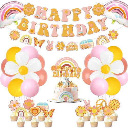 Groovy Party Dekorationen, einschließlich Retro Happy Birthday Banner, Boho Regenbogen Blume Bus Banner, Cake Topper, Luftballons für Mädchen Geburtstagsparty Hippie 60er Jahre Thema Boho Groovy Party