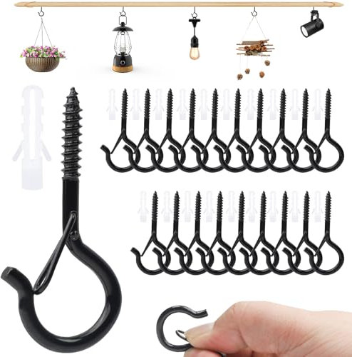 UNINGYI 20 Stück Schraubhaken, Haken zum Schrauben, Schraubhaken Klein Edelstahl Hakenschrauben mit Sicherung, Schraubhaken Schwarz Wandhaken, Deckenhaken für Pflanzenkörbe Windspiele und Lichter