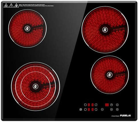 FUDELAI 24 Inch Electric Cooktop 4 Burners,6500W 24 Electric Ceramic Cooktop with Child Lock & Auto Safety, Built-in/Countertop Infrared Cooker, 9 Power Levels, Easy-Clean Glass (No Plug)