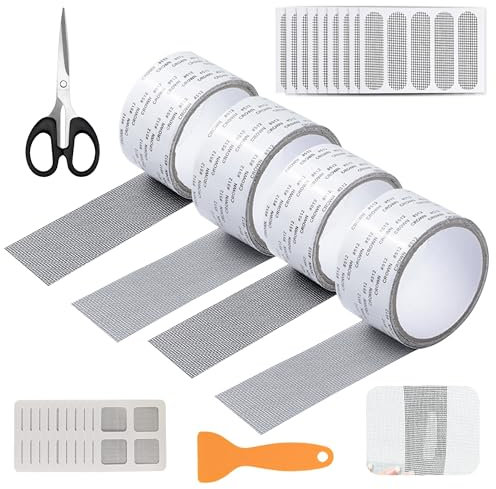 Fliegengitter Reparatur Set, 4 Rollen Fliegengitter Reparatur Klebeband, 5cm x 2m Insektenschutz Gaze Fenster Mesh mit Schere, Reparaturband für Moskitonetz Reparaturlöcher Flicken(Grau&Weiß)