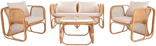 Krines Home Rattan Loungegruppe Wiener Geflecht Sitzgruppe 50er Jahre Wintergarten Garnitur für 4 Personen (Honig)