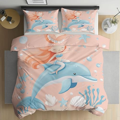 Bettwäsche 135x200 Niedlicher Delfin Meerjungfrau Druck Bettwäsche Set, Weich Microfaser Kuschelige Bettwäsche, Meerestier-Cartoon Wendebettwäsche Bettbezug und Kissenbezug 80x80cm mit Reißverschluss