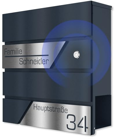 Graviers Design Cassetta delle lettere a muro con campanello radio in antracite RAL 7016 - personalizzata in acciaio inox - Cassetta postale con serratura