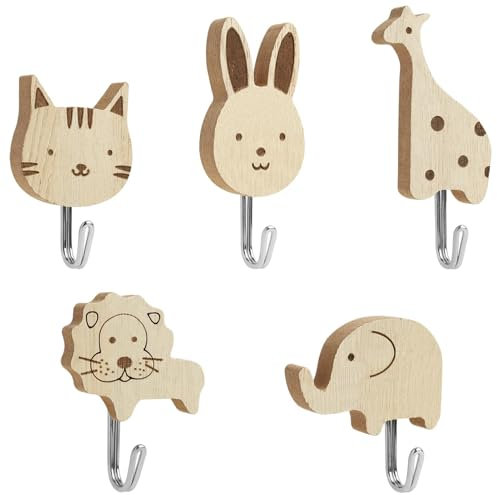 5pcs Wooden Animal Wall Hooks, Self-Adhesive Cartoon Animal Them Decorations Coat Hanger Children's Cute Wood Hooks for Kids Room, Nursery, Baby Bedroom Decor - Cats Rabbits Giraffes Lions Elephant