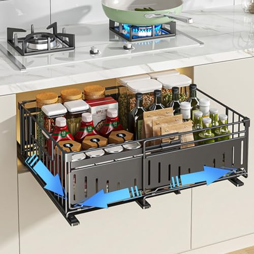 HABITELLO Tiroir Coulissant Extensible Organisateur Tiroir Cuisine Rangement Sous Evier Range-Épices en Métal Gain de Place Maximal, Largeur Réglable 32.5-50 cm (Style A Noir, 1 Pièce)