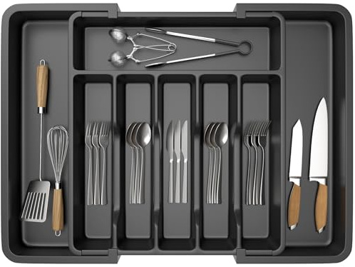 Lucn Cutlery Drawer Organiser 33-57CM Adjustable Utensil Tray Waterproof Silverware and Flatware Set Holder 8 Separate Slots Storage Insert for Kitchen, Bedroom, Office