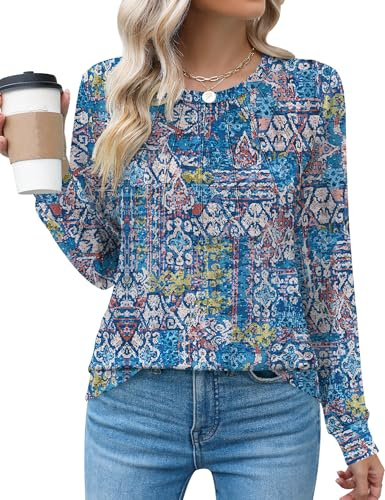 Rapbin Womens Blouses Long Sleeve Crew Neck T Shirts Dressy Casual Summer Pleated Tops Cute Fashion Tee