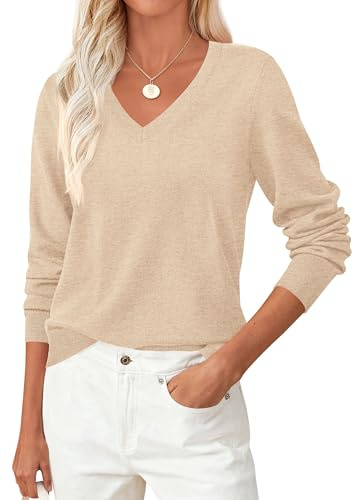 PRETTYGARDEN Women's V Neck Sweaters 2026 Fall Casual Long Sleeve Classic Pullover Cozy Knit Tops Loose Basic Winter Clothing (Beige,XX-Large)