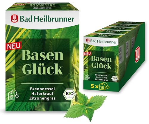 Bad Heilbrunner Bio Basen Glück – mit Filterbeutel – Funktioneller Kräutertee aus Brennnessel, Haferkraut und Zitronengras – grasig-zitrisches Aroma (5 x 15 Filterbeutel