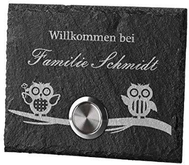 polar-effekt Personalisierte Türklingel aus Schiefer - 100x80 mm Klingelschild mit Gravur - Klingelknopf OHNE LED - Klingelplatte Geschenk zum Einzug [mit Edelstahlklammer] Motiv: Eulen