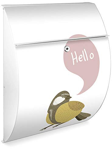 Burg Wächter Design Briefkasten | Modell Riviera 46x33,5x13cm groß | verzinkter Stahl Weiß | Postkasten mit Öffnungsstopp, großer A4 Einwurf, Zylinderschloss, 2 Schlüssel | Motiv Vogel mit Sprechblase
