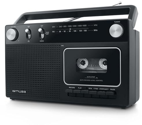 Muse M-152 RC Retro Kassettenrekorder mit Aufnahme-Funktion, Batteriebetrieb möglich (UKW und MW-Tuner, AUX-Eingang, Teleskopantenne), schwarz