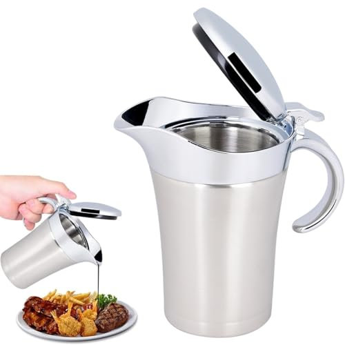Sauciere Soßenkrug, 304 Edelstahl Sauciere Doppelwandig Isolierte Soßenkanne Topf Servierkrug Eimer Saucenbehälter für Saft Tomatensauce Küchenbedarf(Large 750ml)