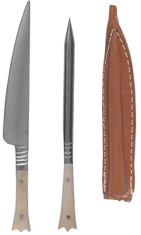 Battle-Merchant Couverts médiévaux en acier inoxydable avec étui en cuir 14 cm, poignées en os