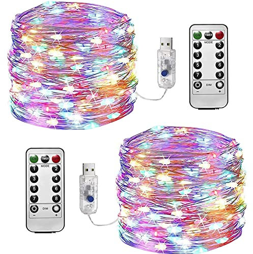 Fairy Lights Waterproof, 2 Pack 12m/39ft 120 LEDs String Lights USB Plug in, 8 Modes Remote Timer Indoor/Outdoor Copper Wire Lights for Bedroom, Wedding, Party, Christmas Decorations (Multi-Coloured)