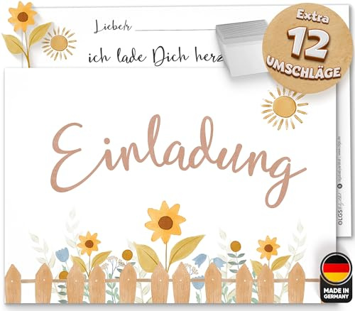 Olgs Sonnenblume Einladungskarten, 12er Set für Kindergeburtstag, Ausfüllbar, inkl. Umschläge, für Mädchen & Jungen