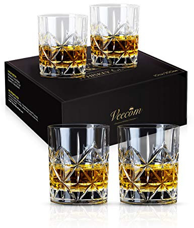 veecom Whiskey Gläser, 315ml Whisky Gläser, Old Fashioned Whiskeygläser 4er Set Rum Gläser, Whiskey Glas Männergeschenke für Papa, Whisky Tumbler Glas für Scotch, Cocktail