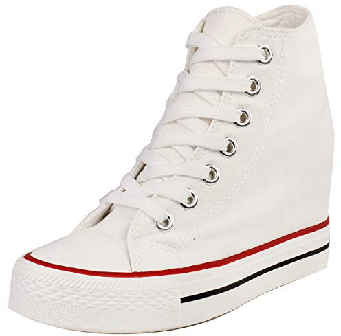 zpllsbratos Mujer Zapatos de Lona Cuñas Plataforma Zapatillas Altas Casuales Moda Botines(Blanco,36)