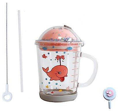 Vaso de paja con pajita, tapa inferior antideslizante y pajita de silicona, para té de jugo de leche, microondas, ballena rosa, cristal, 400 ml