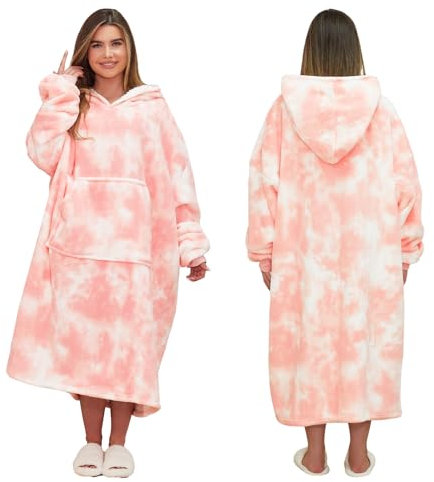 Dreamscene Extra-Long Tie Dye Oversized Snuggle Hoodie Blanket Sweatshirt Soft Sherpa Fleece Throw Cosy Wearable Hooded Blanket Big Jumper Adults Kids Men Women One Size - Blush Pink