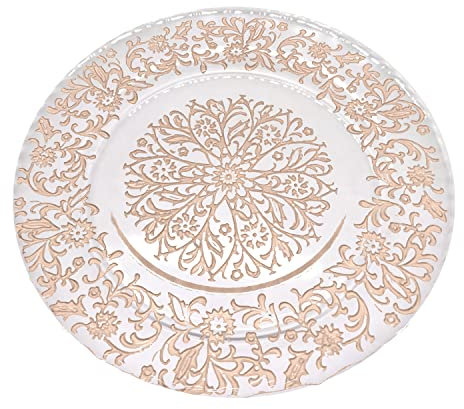 Trimming Shop 13 Inch Gold Glass Charger Plates with Royal Design Perfect for Weddings, Parties, Dinner Table Decorations, and Special Events 33cm Durable Glass Chargers for Elegant Celebrations, 1pcs