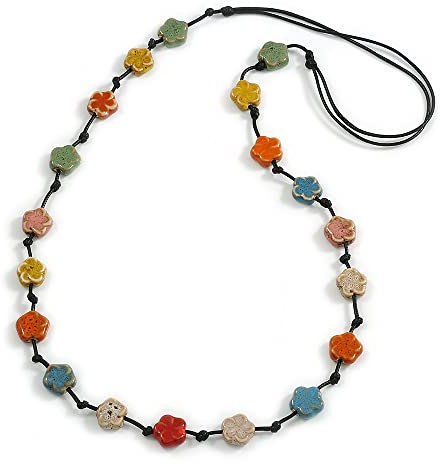 Avalaya Multicoloured Ceramic Flower Bead Black Silk Cord Long Necklace - 95cm Long