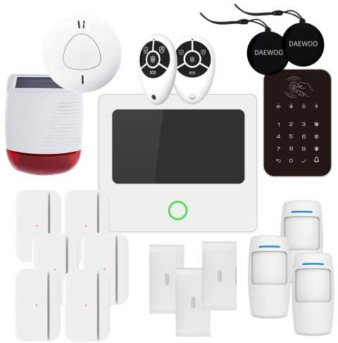 Daewoo Pack Alarme AM313, Centrale à écran Tactile, détecteur de Mouvement adapté aux Animaux, Ouverture, Vibration, sirène Solaire, détection de fumée, Clavier sans Fil, contrôle à Distance