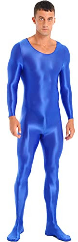 Alvivi Homme Justaucorps Sexy Manches Longues Brillant Combinaison De Sport Maillot De Corps Sport Danse Lutte Gym Fitness Collants Jumpsuit Body Bleu M