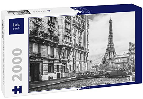 Lais Puzzle Der Eiffelturm in Paris von Einer kleinen Straße aus mit einem roten 2cv-Oldtimer, Frankreich in schwarz weiß 2000 Teile