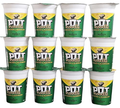 Chicken & Mushroom Pot Noodle Multipack - Pack of 12 x 90g Instant Pot Noodles with Topline Card. Chicken Soup Snack Pots Bulk Buy for Camping Food, Picnics or School Holidays.