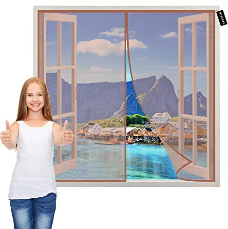 Insektenschutz Rollo FüR Fenster 90x170cm Braun Insektengitter Lamellenvorhang Magnetvorhang mit Klettband Magnete Automatisch schließen Kinderleichte Montage