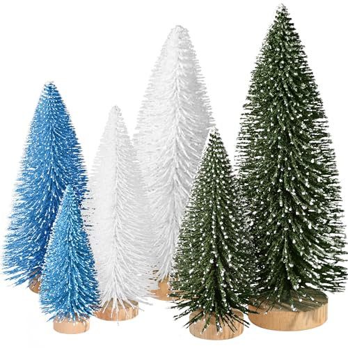 6pcs Mini Christmas Trees Christmas Decor, Artificial Christmas Mini Bottle Brush Trees Tabletop, Christmas Decoration Trees with 4 Size Xmas Holiday Decor (6pcs Green+Blue+White)