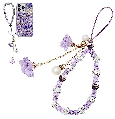 Cadena para Teléfono Móvil de Flores, Colgante para Teléfono de Cristal Púrpura, Cuerda para Móvil Universal, Colgante Movil, Cuerda Movil, Cuerda Antipérdida para Teléfono Móvil, Regalo de Mujer