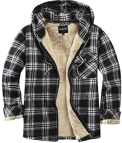 Elesuit Herren Full Zip Fleece Flanell Jacken Hemd Plaid Baumwolle Hoodies Weich Warm Mantel für Männer mit Kapuze, Schwarz, S