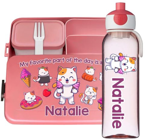 Lunchbox Set für Kinder Mädchen zur Schule Personalisiert mit Namen Brotdose Wasserflasche Trinkflasche BPA frei Essen für Unterwegs mit Gabel und Bento Fach To Go Kitties [153]