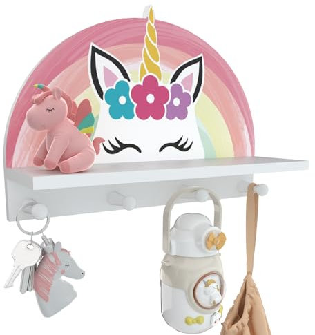 Garybank Porte-manteau mural en bois avec crochets pour chambre de fille, motif licorne arc-en-ciel