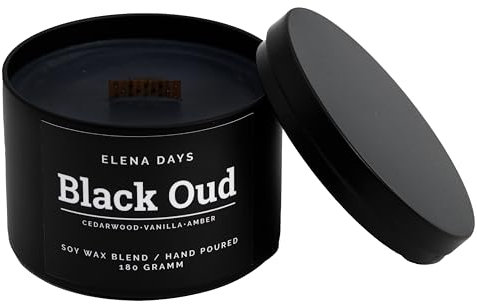 Duftkerze Black Oud, starker Duft, Duft Adlerholz, Geschenke für Männer, natürliches Sojawachs, Duftkerze mit Holzdocht, deutsche Marke, Brenndauer 45 Stunden, 180 gramm, Elena Days