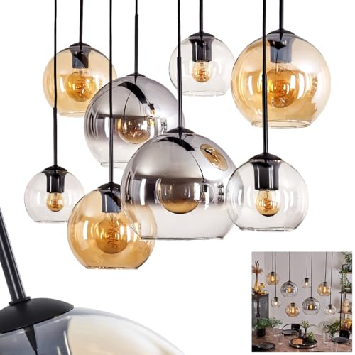 Suspension Koyoto, lampe suspendue en métal/verre noir/ambre/transparent, luminaire au design vintage/rétro avec abat-jour en verre (Ø 15 cm, 20 cm, 25 cm), hauteur max. 147 cm, 8 x E27, sans ampoules