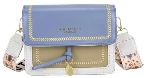 Huwzder Umhängetasche mit Gitarrengurt und Color-Block, niedliche Designer-Handtaschen, trendige Umhängetasche, Leder-Umhängetasche, Blau, Gitarrengurttasche