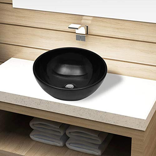 ARKEM Lavabo de cerámica Negro Redondo Lavabo sobre Encimera Lavabo Suspendido