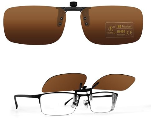 TEMSO Polarized Clip On Sunglassed Flip Up Driving Glasses for Prescription Glasses for Ladies and Mens,UV400 Protecetion|HD Vision|Anti Glare|Safe Driving|Brown|60 * 37mm
