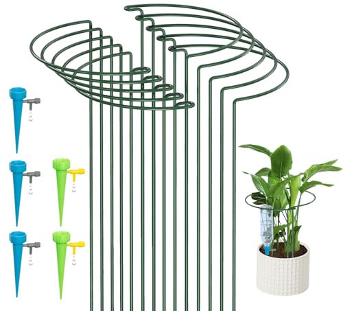 KAZITOO 10 Pack 40cm Half Round Garden Plant Support Stakes, Metal Bow Type Flower Supports Ring Cage with 5 Self Watering Spikes for Peonies, Hydrangea, Interlinking to Make Border, Rows, Circles