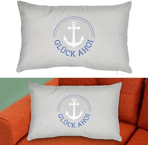 Cepewa Kissen Glück AHOI | 50x30cm hellgrau blau weiß Baumwolle Polyester | 280g Füllung Sofakissen maritim (1 x Kissen AHOI)