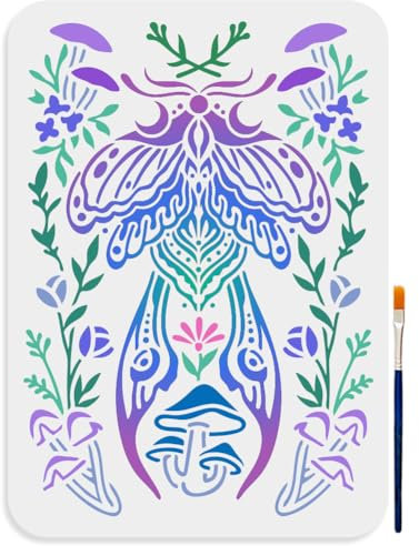 MAYJOYDIY Insektenmuster Schablone 29.7 × 21cm Groß Motte Schmetterling Wildblume Malschablone Mit Pinsel Verträumte Pilz Insekten Zeichenvorlagen Für Holz Leinwand Papier Stoff Wand Glas