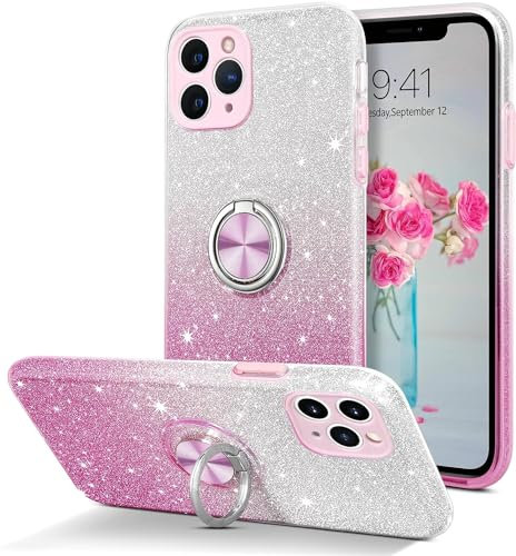 MOBISTAR® Bling Glitter Case for iPhone 11 Pro 5.8'' - Sparkly Slim with 360° Ring Holder Kickstand Support Magnetic Car Mount Protective Cover (Pink)